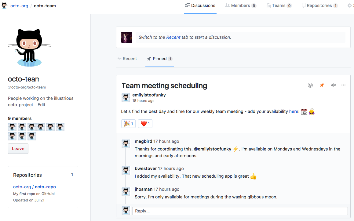 Screenshot des Features „GitHub-Teamdiskussion“.