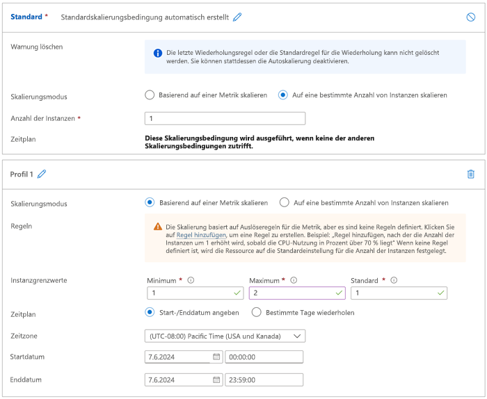 Die Bedingungsseite für einen App-Serviceplan mit der Standardskalierungsbedingung.