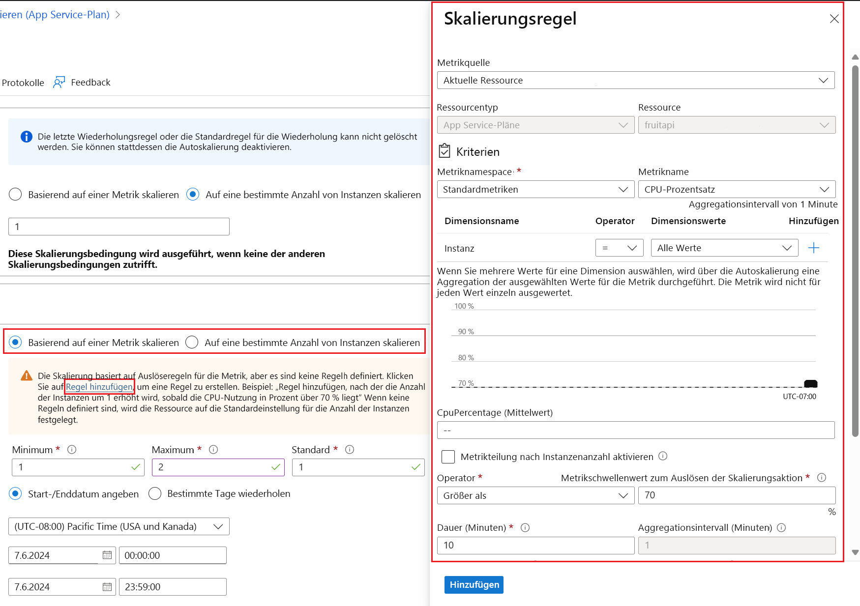 Bereich der Skalierungsregeleinstellungen.