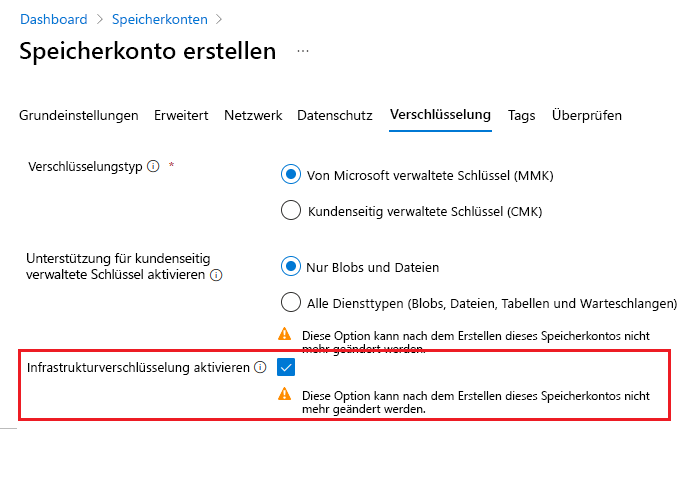 Screenshot: Erstellen eines Kontos mit aktivierter Infrastrukturverschlüsselung.