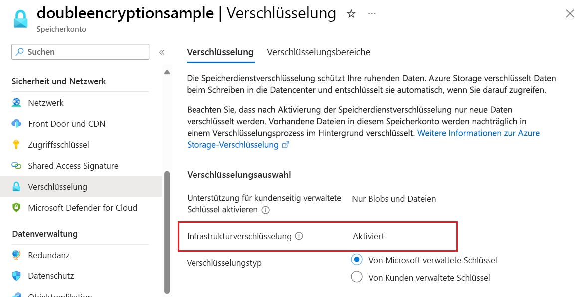 Screenshot der Überprüfung, ob die Infrastrukturverschlüsselung für das Speicherkonto aktiviert ist.