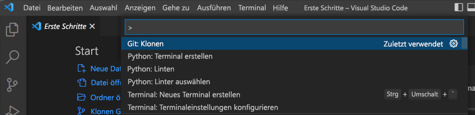 Screenshot für Git-Klon in der Befehlspalette von Visual Studio Code.