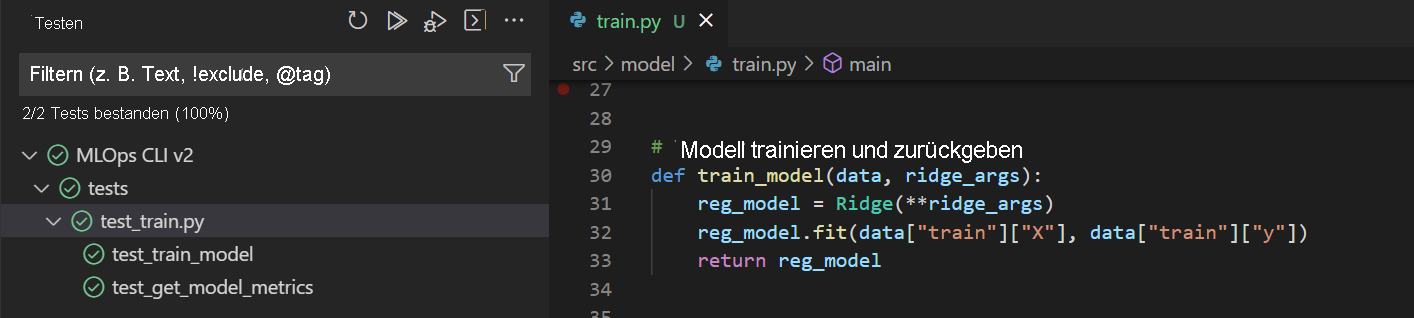 Screenshot der Ergebnisse eines erfolgreichen Komponententests in Visual Studio Code