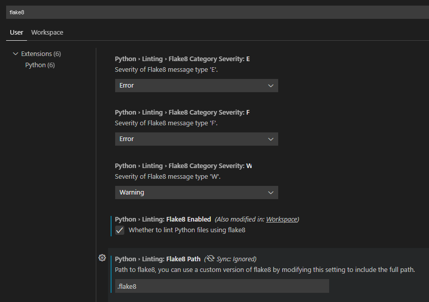 Screenshot der Konfiguration von Flake8 in Visual Studio Code