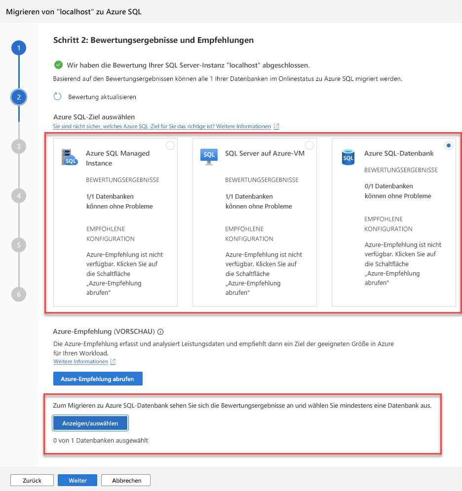 Screenshot of the assessment results page for the migration extension wizard.