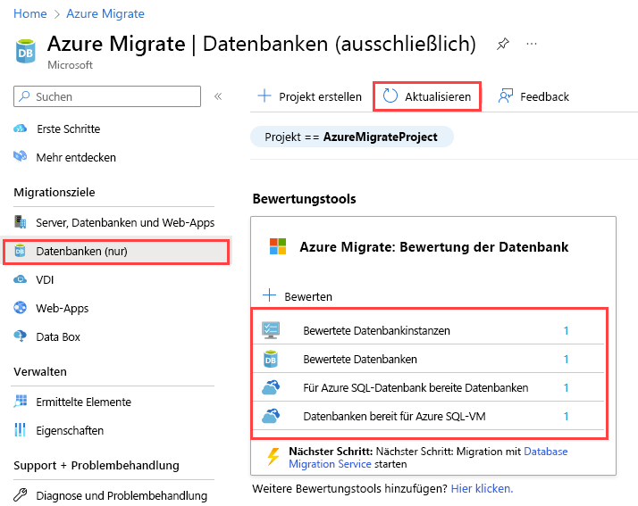 Screenshot: Azure Migrate: Ergebnisse der Datenbankbewertung nach dem Hochladen des Bewertungsberichts.