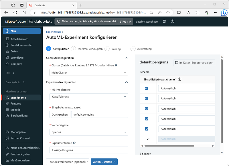 Screenshot: Benutzeroberfläche zum Konfigurieren von AutoML-Experimenten in Azure Databricks