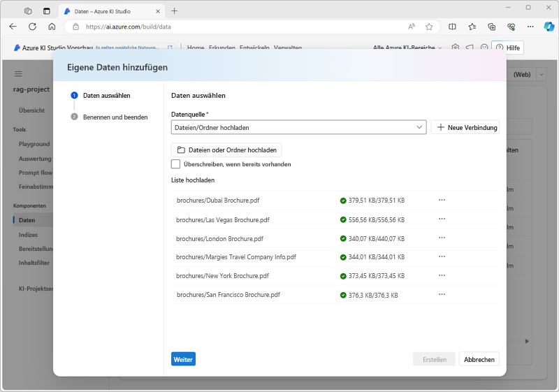 Screenshot des Dialogfelds „Daten hinzufügen“ in Azure KI Studio