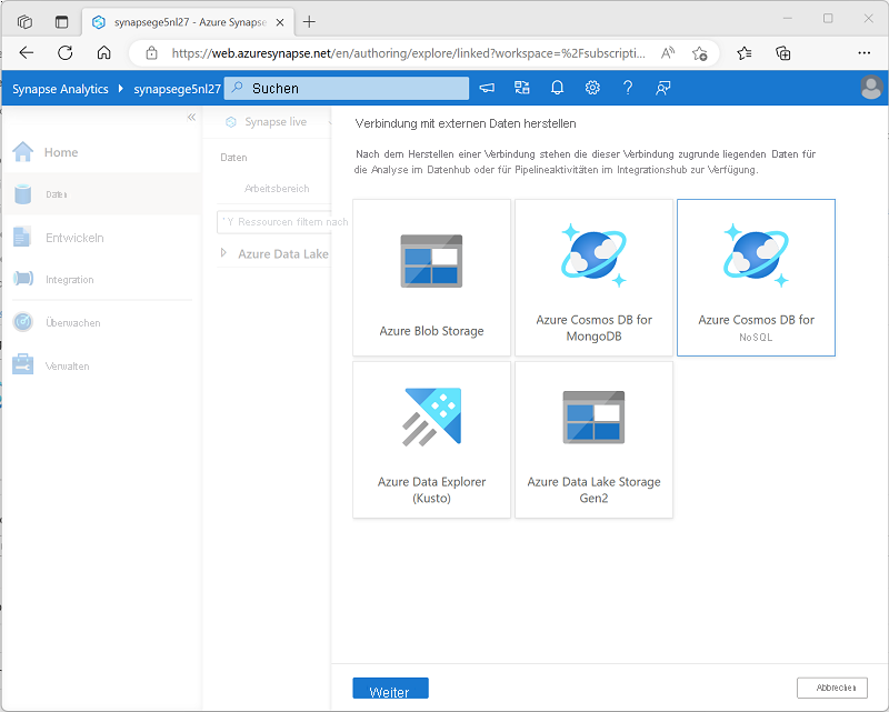 A screenshot of Azure Synapse Studio showing the Connect to external data page.