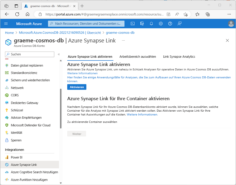 A screenshot showing the option to enable Azure Synapse Link for a Cosmos DB for NoSQL account.