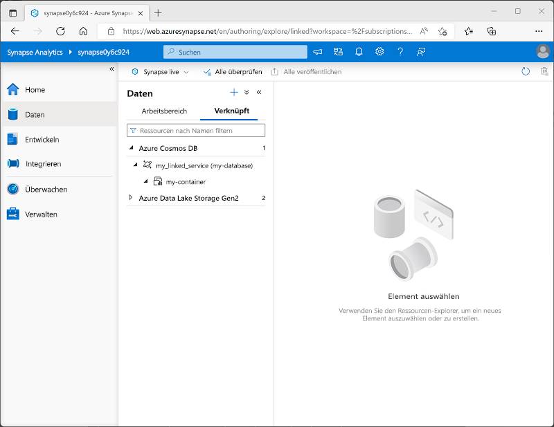 A screenshot of Azure Synapse Studio showing the Data page with an Azure Cosmos DB linked service.