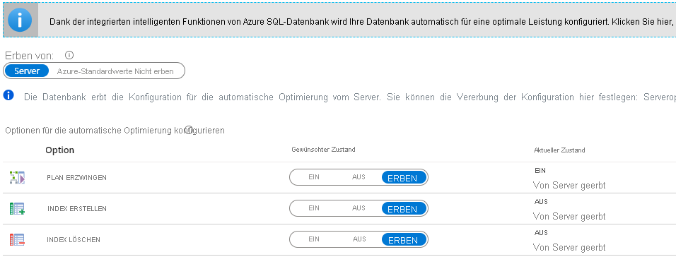 Screenshot of Automatic tuning Options for Azure SQL Database.