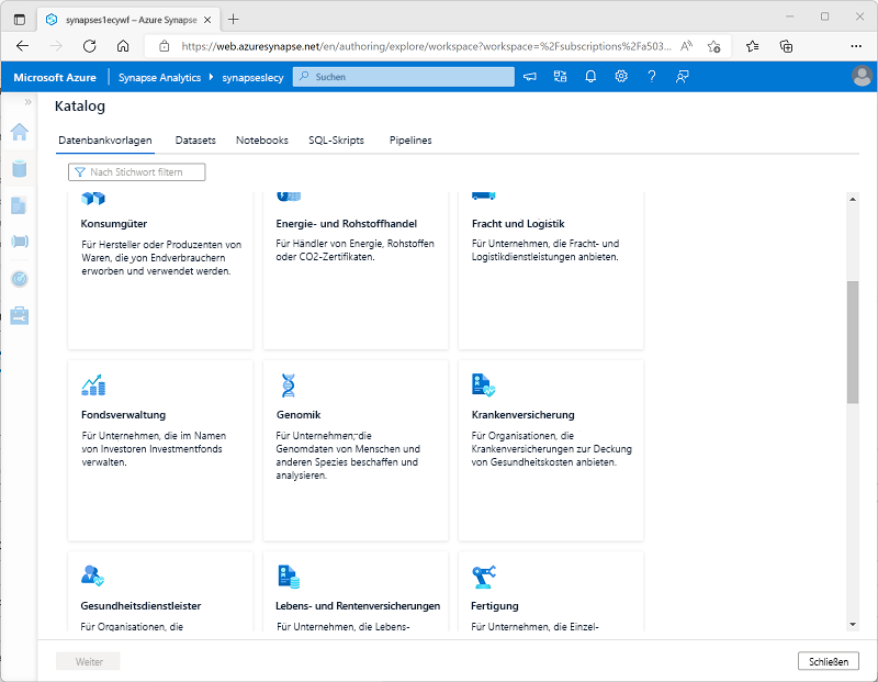 Screenshot: Katalog in Azure Synapse Studio mit Datenbankvorlagen