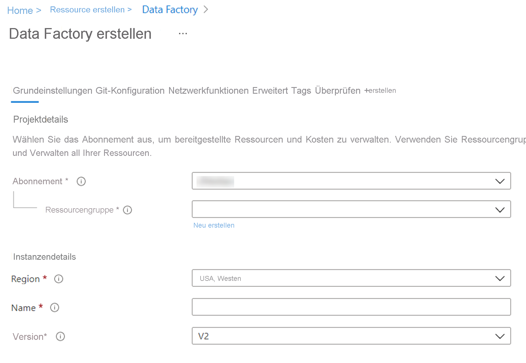 Erstellen einer Azure Data Factory-Instanz