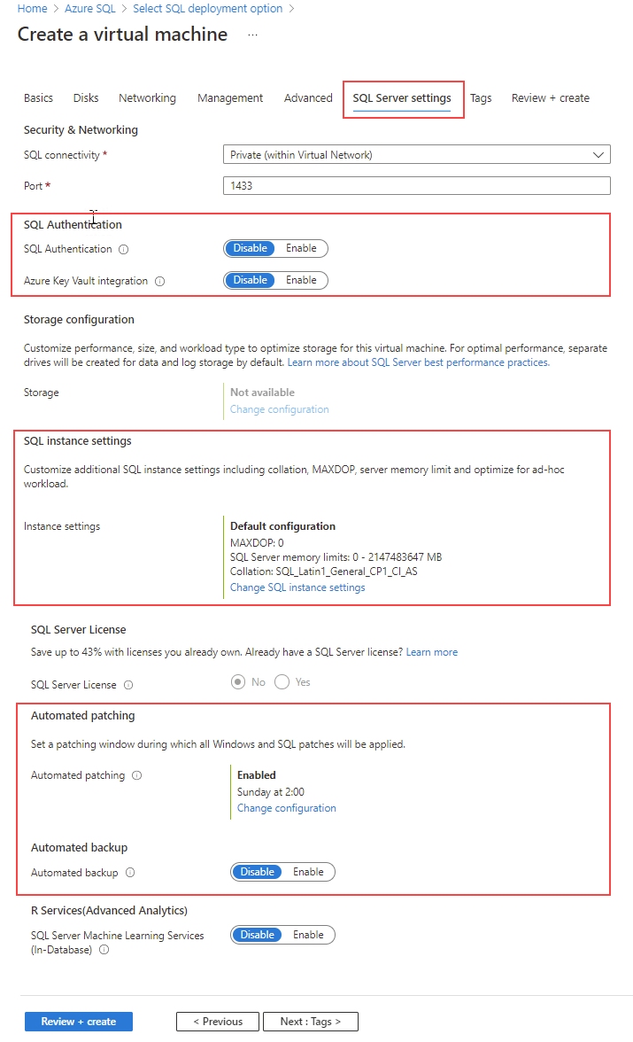 Registerkarte mit SQL Server-Einstellungen beim Erstellen einer SQL Server-VM