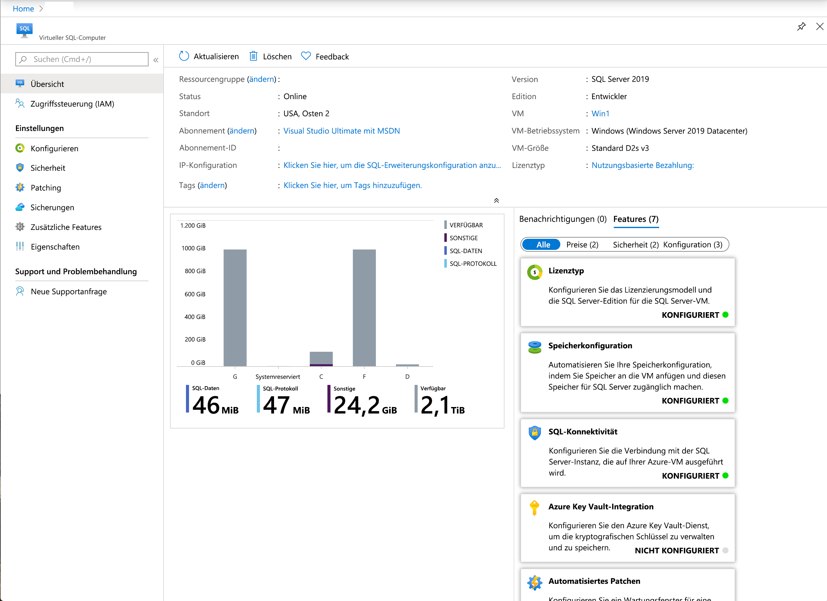 Abbildung der Konfiguration einer SQL-VM im Azure-Portal