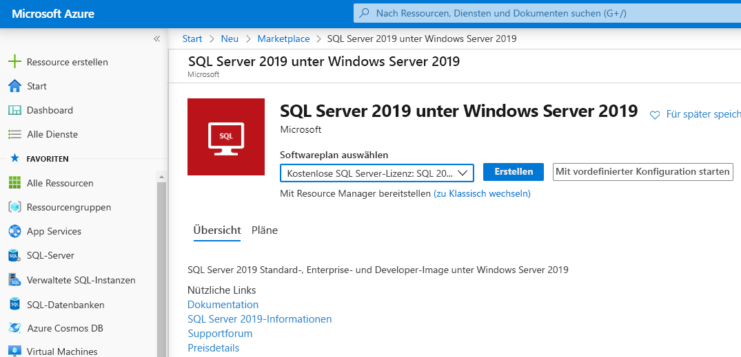 Erstellen einer SQL Server-VM im Azure-Portal