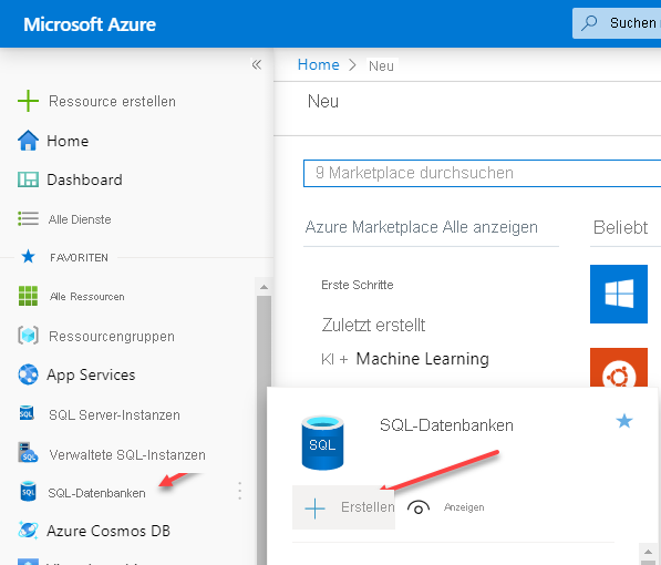 Der Bereitstellungsbildschirm für Azure SQL-Datenbank-Instanzen im Azure-Portal