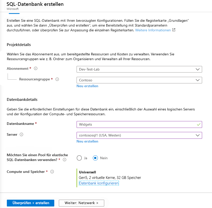 Blatt „SQL-Datenbank erstellen“ im Azure-Portal