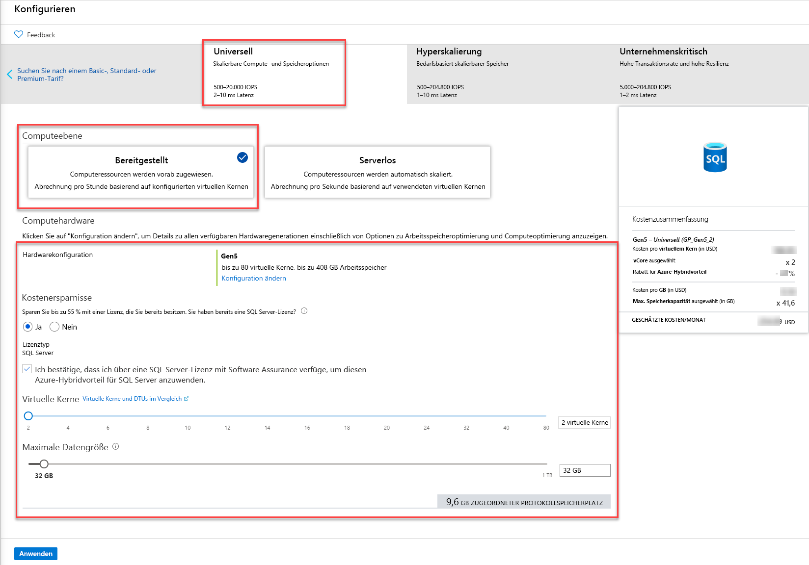 Ausgewählte Dienstebenen im Azure-Portal