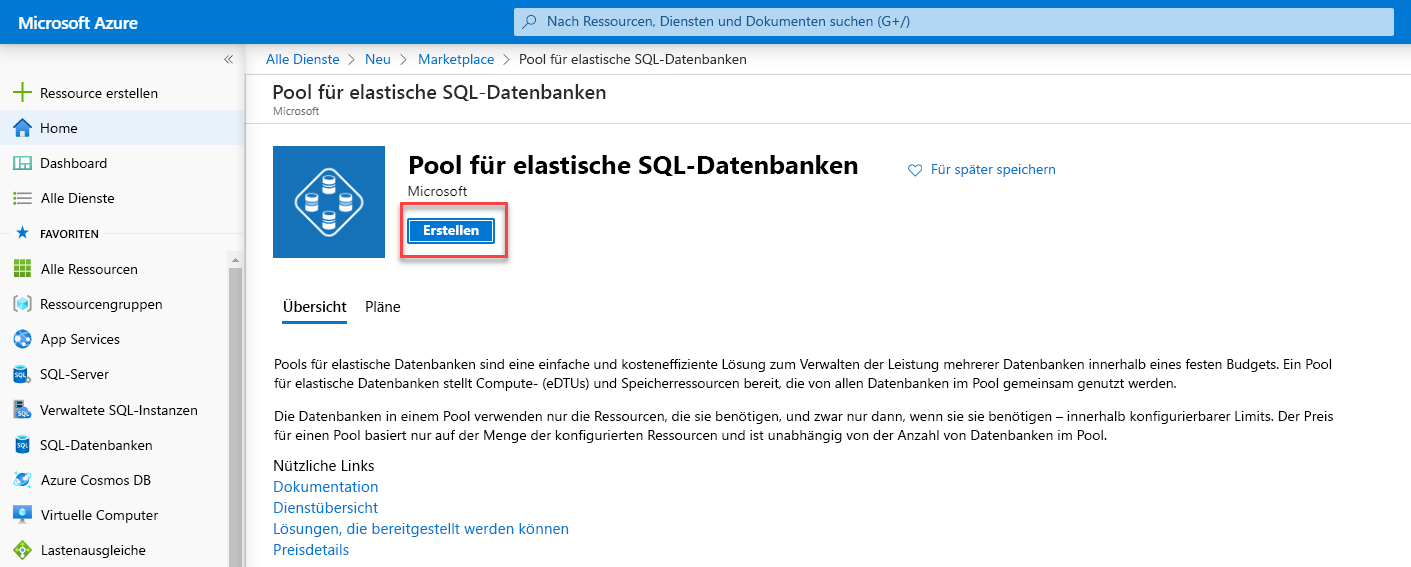 Der Bildschirm für das Erstellen eines Pools für elastische Datenbanken im Azure-Portal