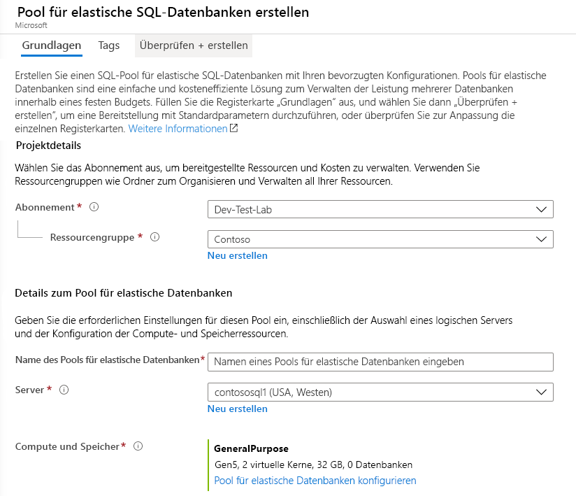 Erstellung eines Pools für elastische Datenbanken im Azure-Portal