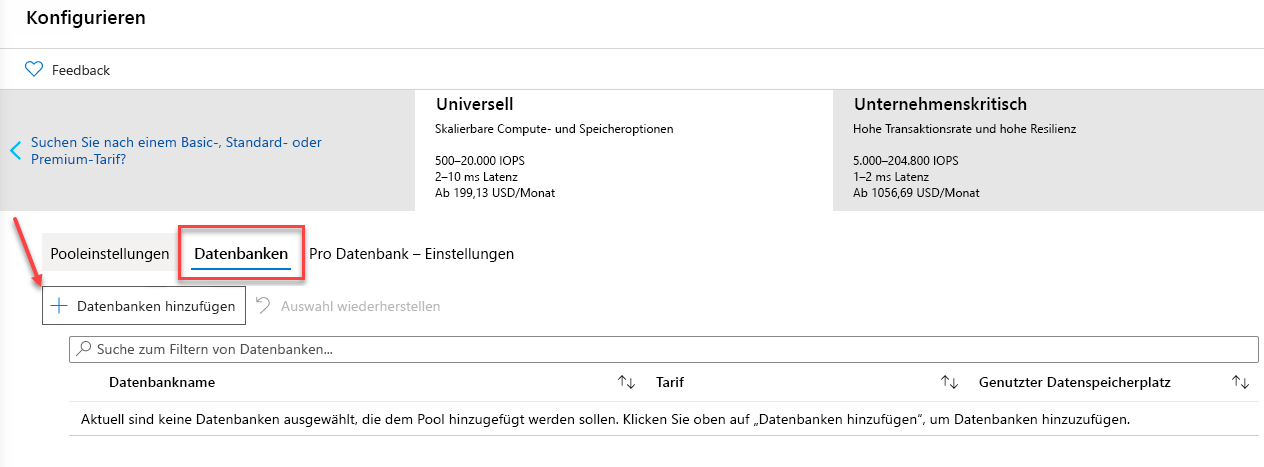 Hinzufügen einer Datenbank zu einem Pool für elastische Datenbanken im Azure-Portal