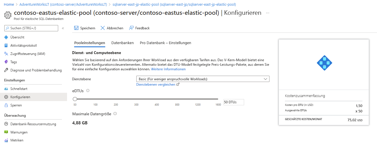 Die Seite im Azure-Portal, die die Konfiguration des Pools für elastische Datenbanken zeigt