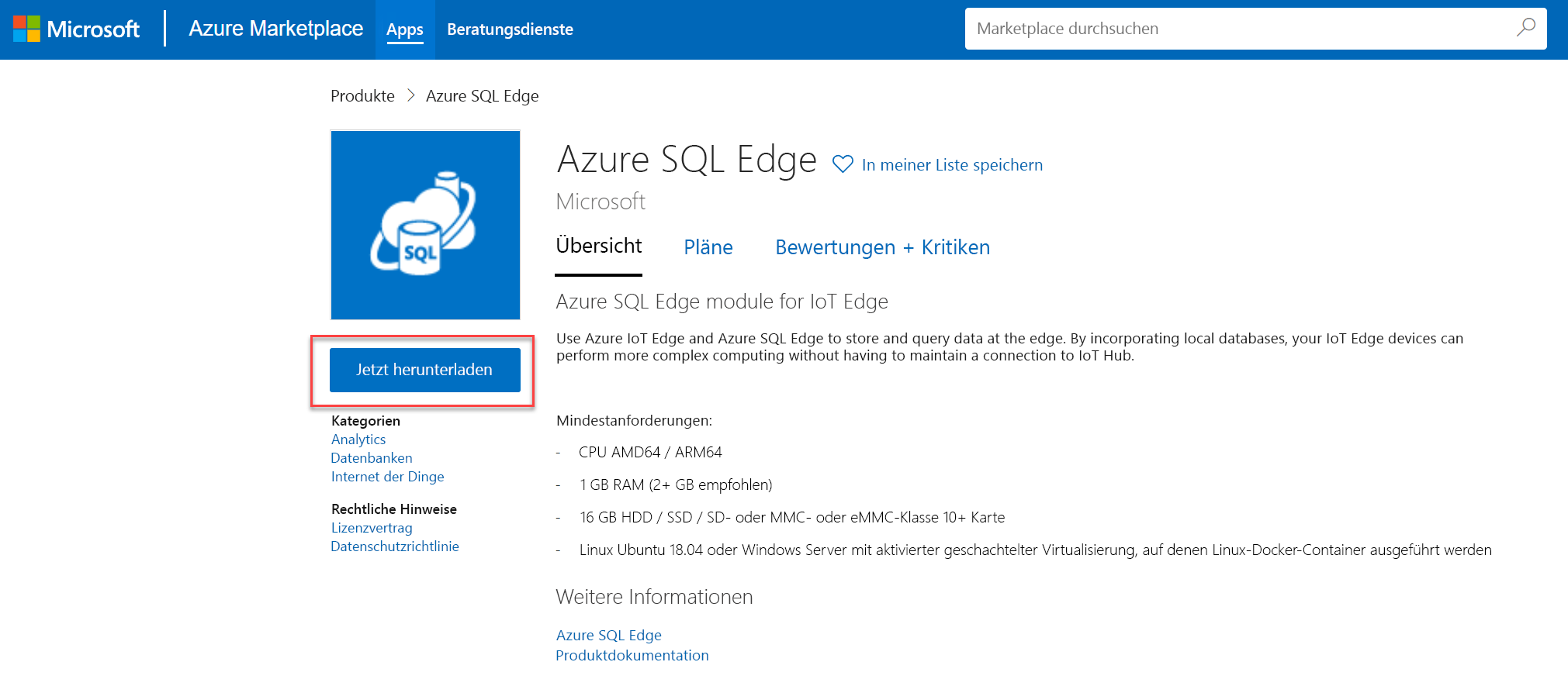 Übersichtsbildschirm des Azure SQL Edge-Moduls mit hervorgehobener Schaltfläche „Jetzt herunterladen“