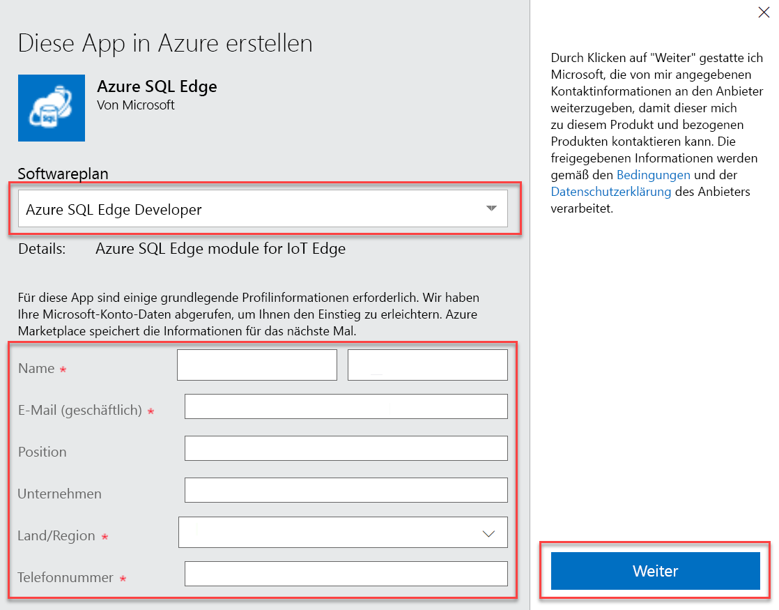 Ein modales Formular zeigt die Aufforderung zur Eingabe der Softwareplan- und der Profilinformationen. Die Schaltfläche „Weiter“ ist hervorgehoben.