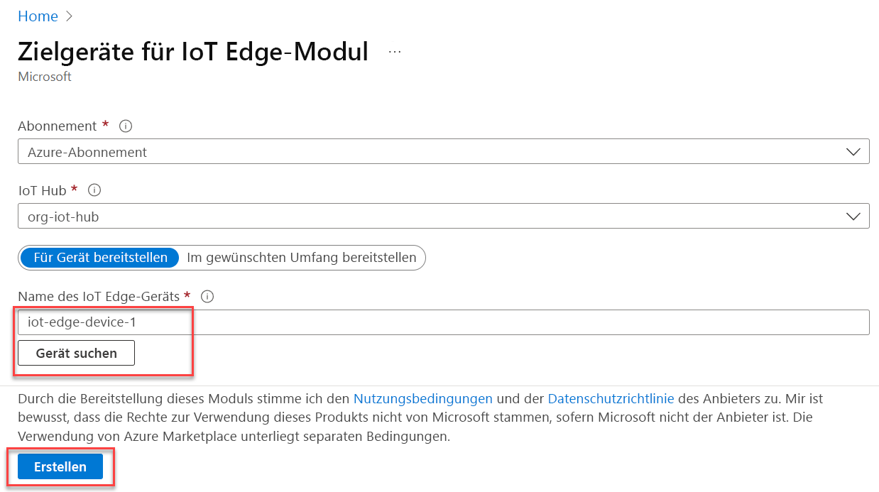 Ein Formular mit der Aufforderung zur Eingabe des IoT Edge-Gerätenamens. Die Schaltfläche „Erstellen“ ist hervorgehoben.