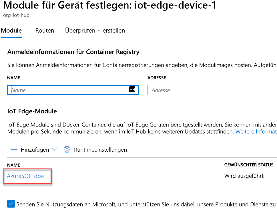 IoT Edge-Modulliste mit hervorgehobenem AzureSQLEdge-Modul