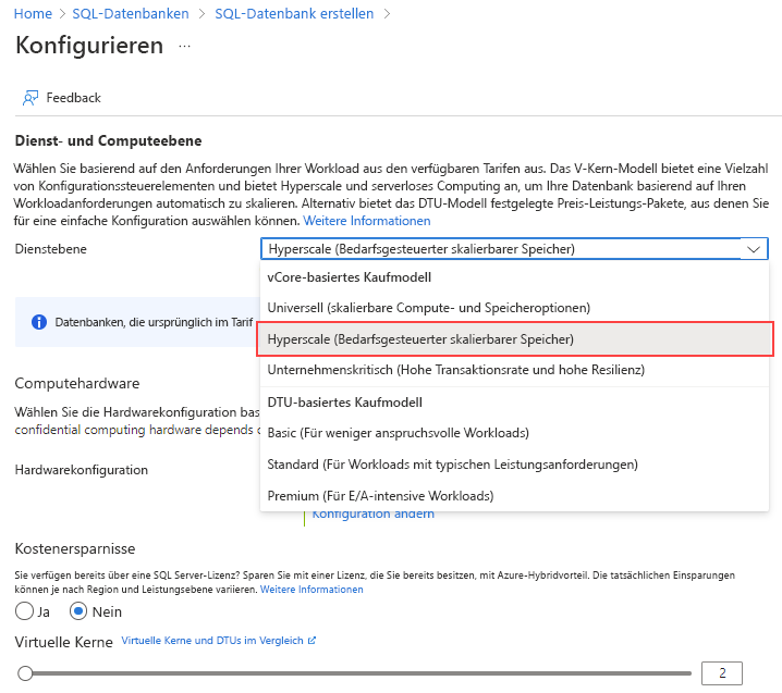 Auswählen der Hyperscale-Dienstebene