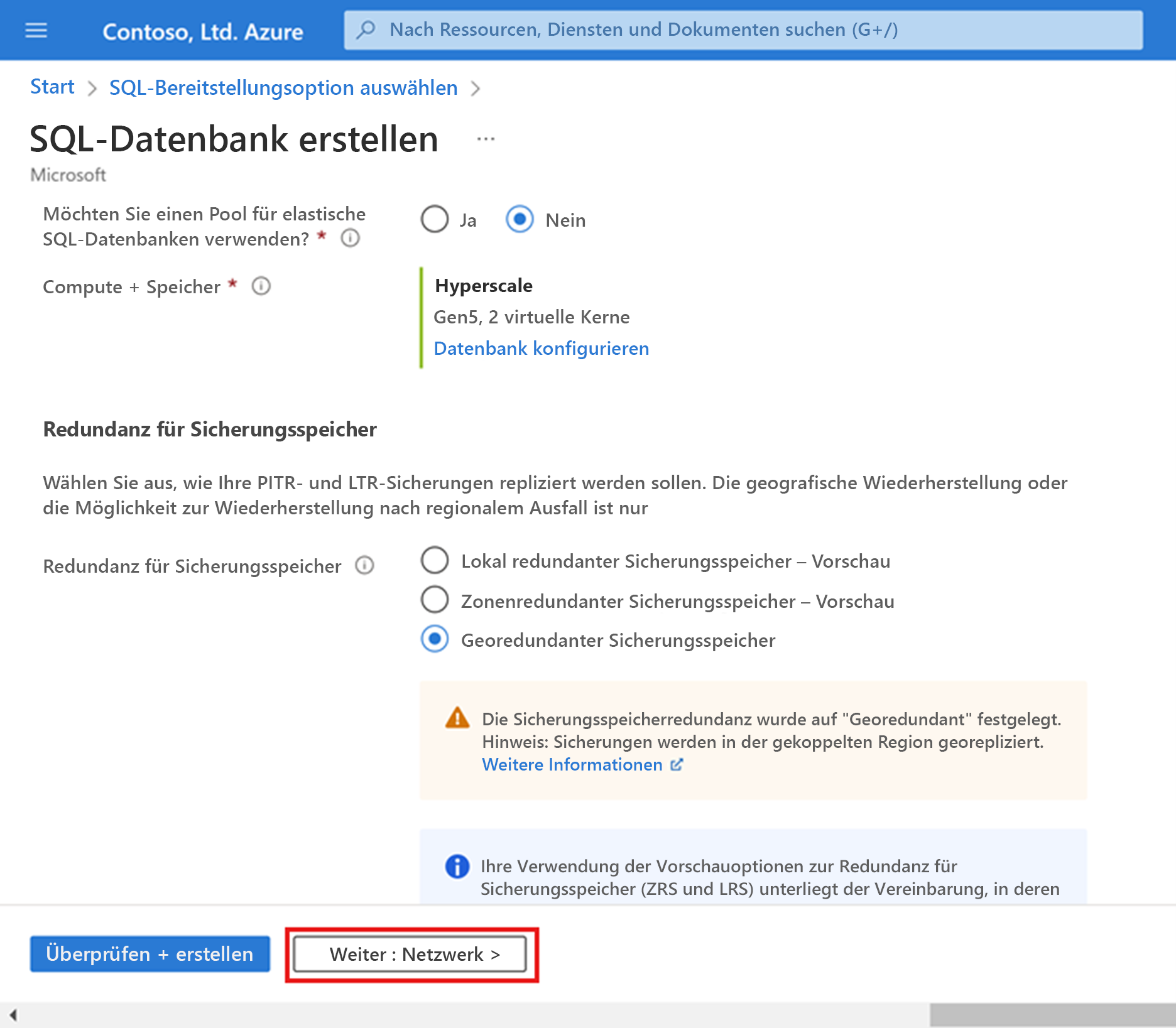 Seite „Netzwerk“ beim Bereitstellen von Hyperscale in Azure SQL-Datenbank