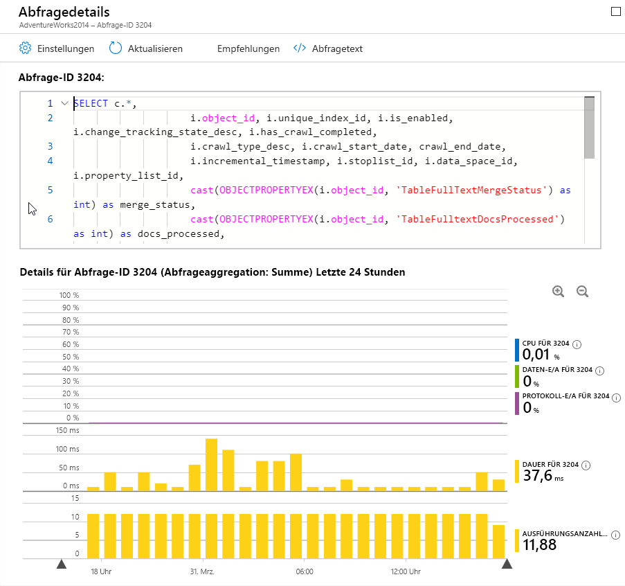 Screenshot: Details der Abfrage-ID 3204 in Query Performance Insight