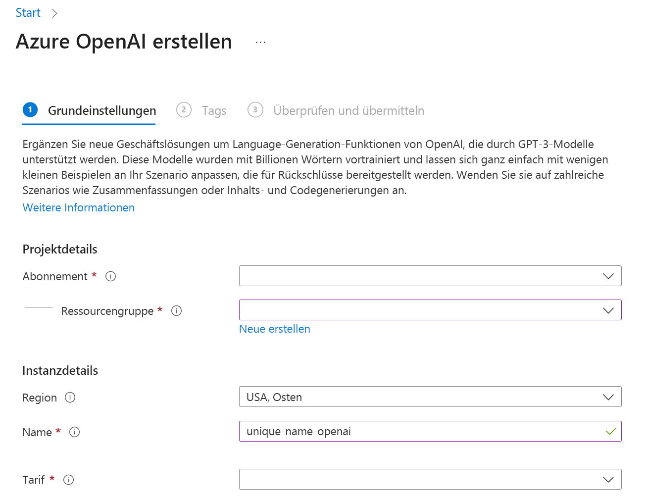 Screenshot der Seite im Azure-Portal zum Erstellen einer Azure OpenAI Service-Ressource.