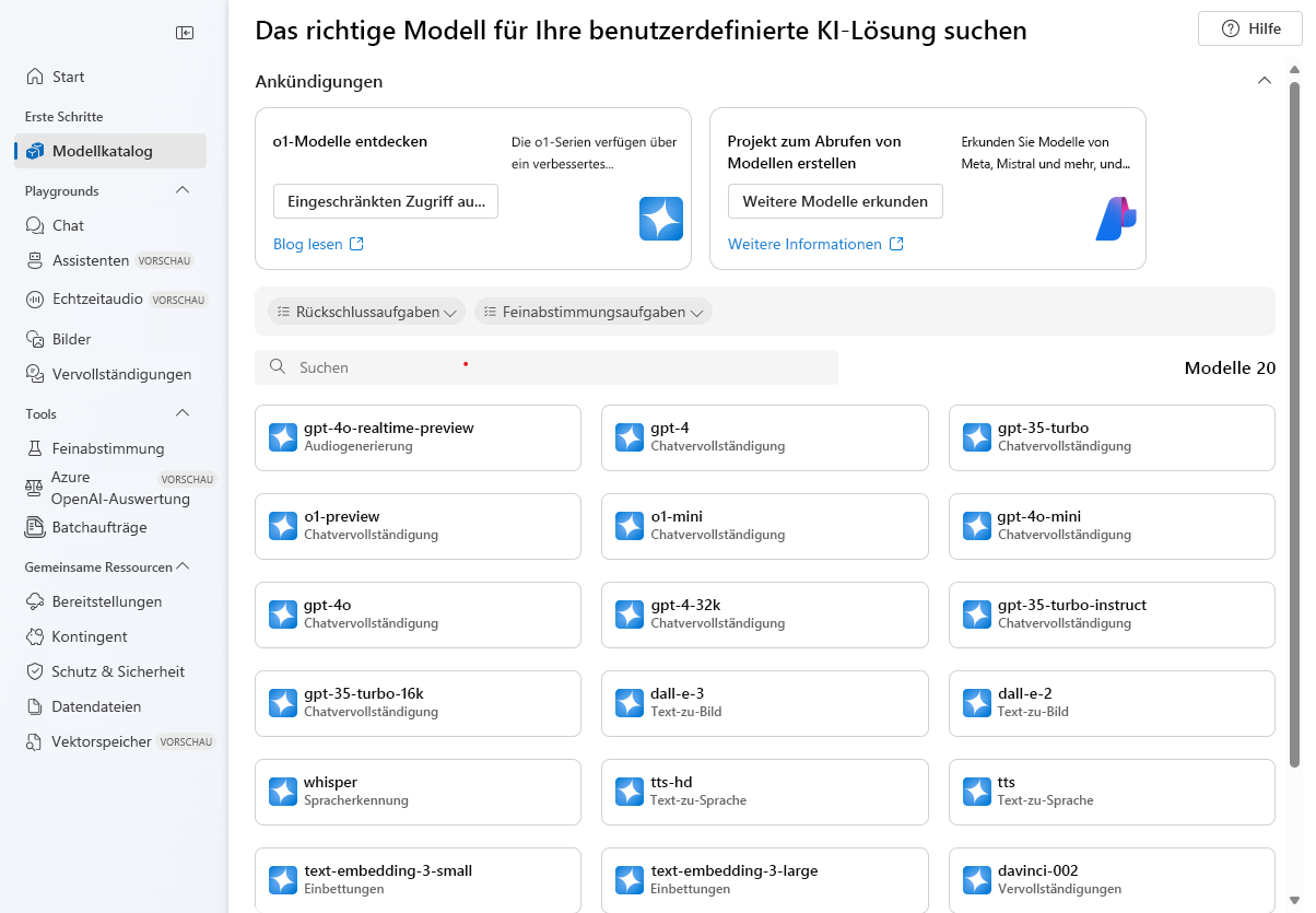 Screenshot der sofort einsatzbereiten generativen KI-Modelle im Azure AI Foundry-Portal.