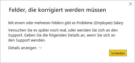 Screenshot: Power BI Desktop-Fehlermeldung, wenn ein visuelles Berichtselement versucht, eine eingeschränkte Spalte abzufragen.