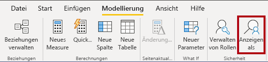 Screenshot shows the Power B I Desktop Modeling ribbon. The “View as” command is highlighted.