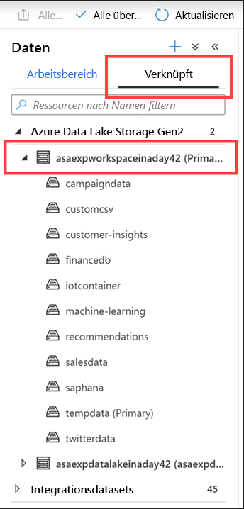 Anzeige von „Verknüpft“ im Hub „Daten“ in Azure Synapse Studio