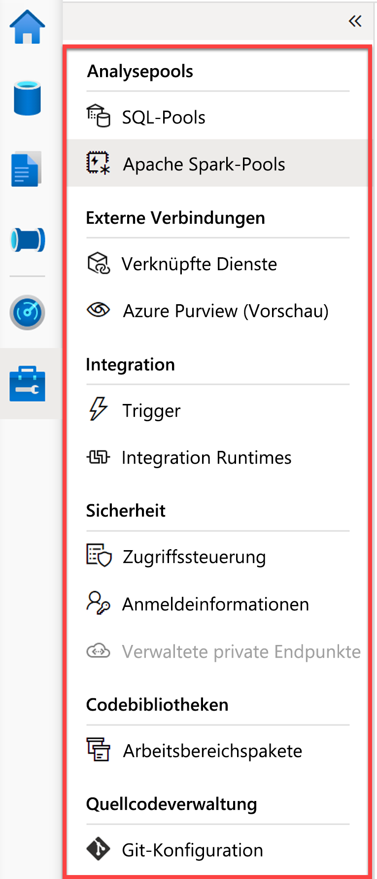 Using the Manage hub in Azure Synapse Studio