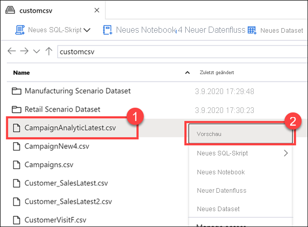 Anzeige einer Datenvorschau im Hub „Daten“ in Azure Synapse Studio