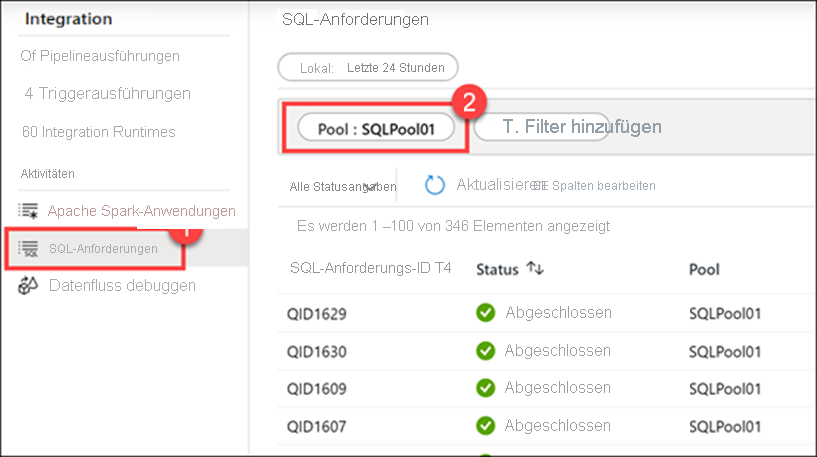 SQL-Anforderungen im Hub „Überwachung“ in Azure Synapse Studio