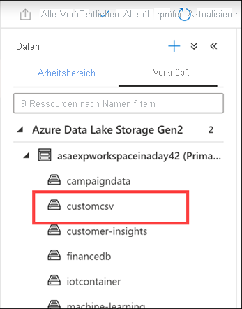 Anzeige der Containern im Hub „Daten“ in Azure Synapse Studio