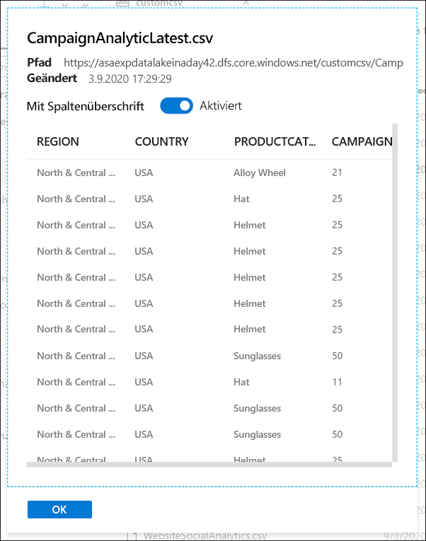 Anzeige von Daten im Hub „Daten“ in Azure Synapse Studio