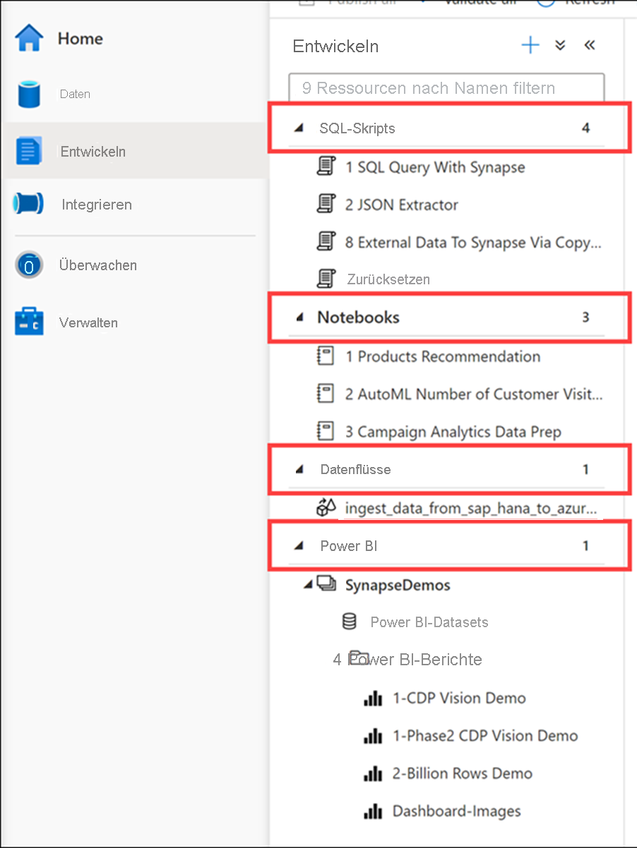 Anzeige der Objekte im Hub „Entwickeln“ in Azure Synapse Studio