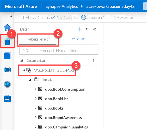 Anzeige der Arbeitsbereiche im Hub „Daten“ in Azure Synapse Studio