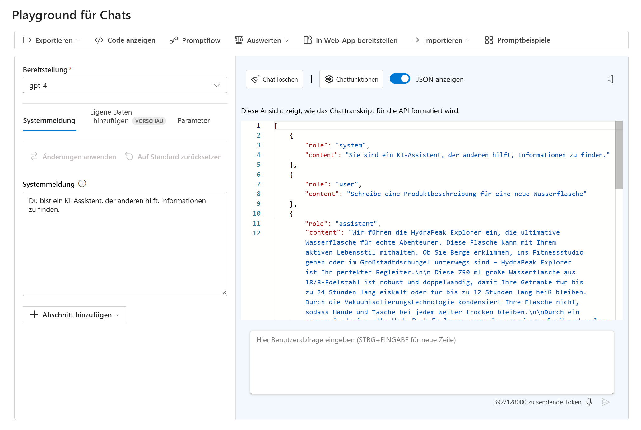 Screenshot: Anzeige der JSON-Ausgabe einer Unterhaltung im Chat-Playground