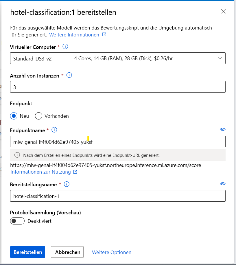 Screenshot of the endpoint creation from a registered model.