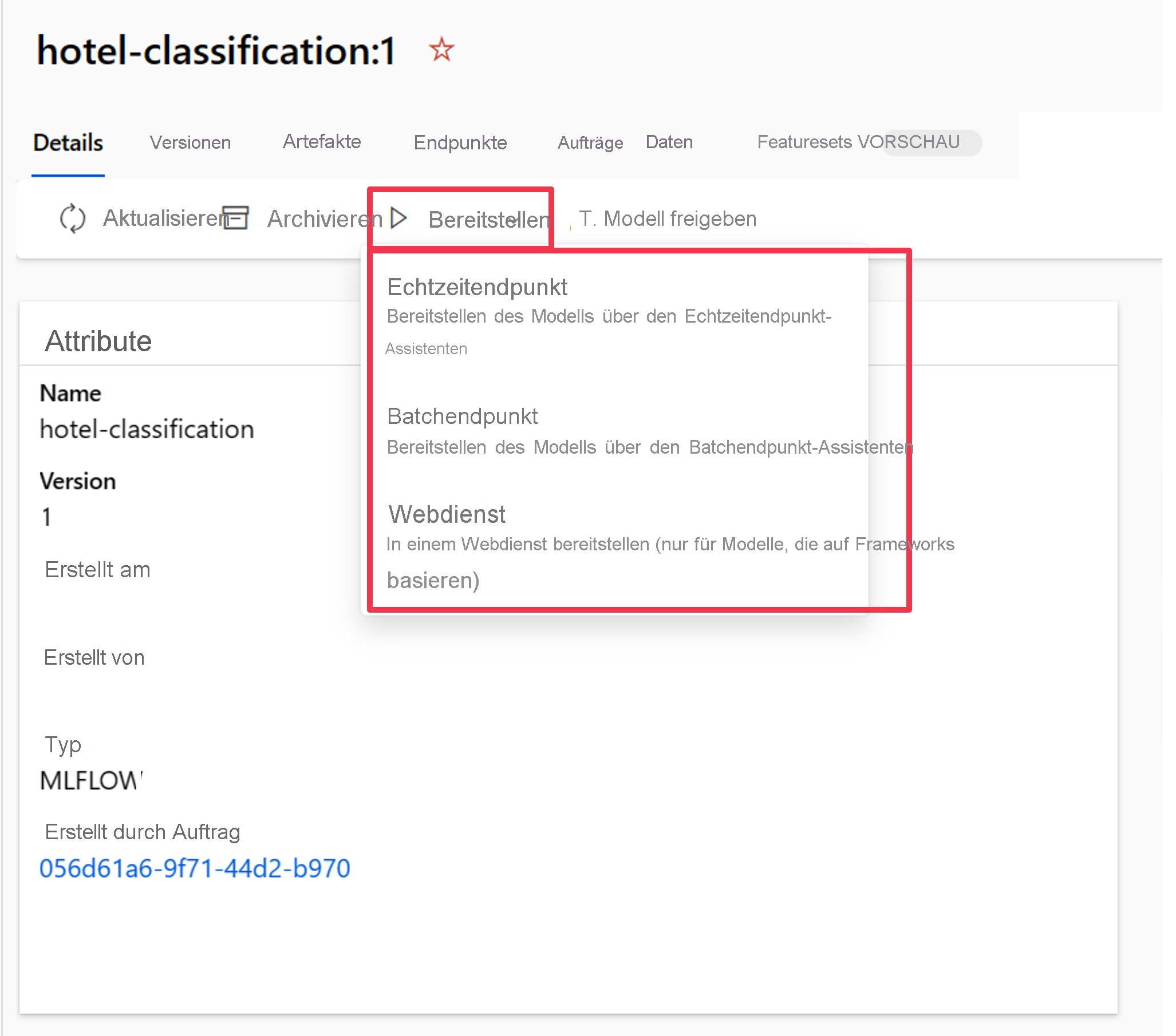 Screenshot of the deployment options from a registered model.